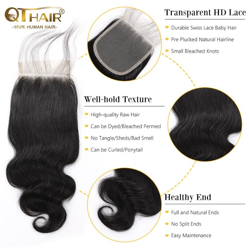 QTHAIR 18A Brazilian Body Wave Human Hair Lace Closure(20" Free Part Natural Black) 100% Unprocessed Brazilian Body Wave Virgin Hair Swiss Lace Closure 150% Density 4x4 Closure - Image 3